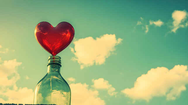 A red heart-shaped balloon delicately balances atop a clear glass bottle against a serene, pastel sky.  A whimsical image filled with love and hope. - Powered by Adobe