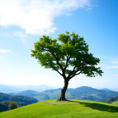 Fototapeta premium Heart-shaped tree on hill in lush green landscape with rolling mountains under blue sky