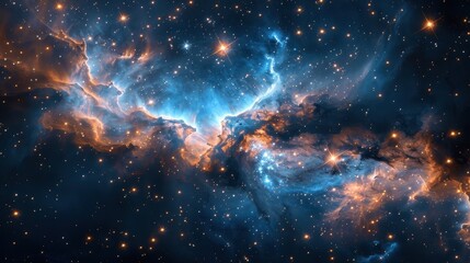 Cosmic Nebula in Deep Space: Blue and Orange Gaseous Clouds with Bright Stars