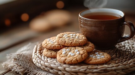 A warm and inviting scene with tea and cookies on a rustic woven platter against a brown background