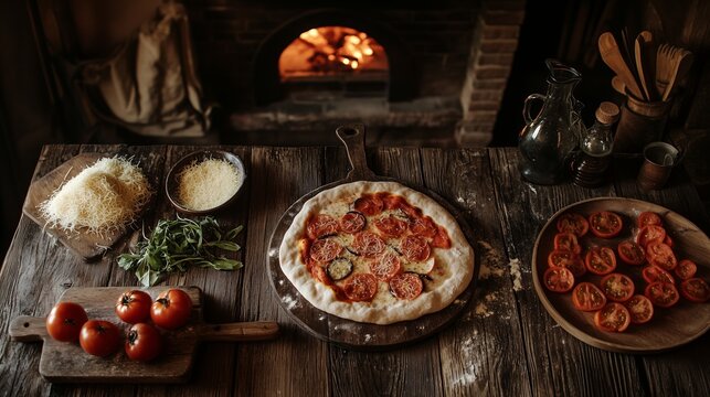 Rustic Italian pizza scene. Wooden table pizza tomatoes cheese. AI generated