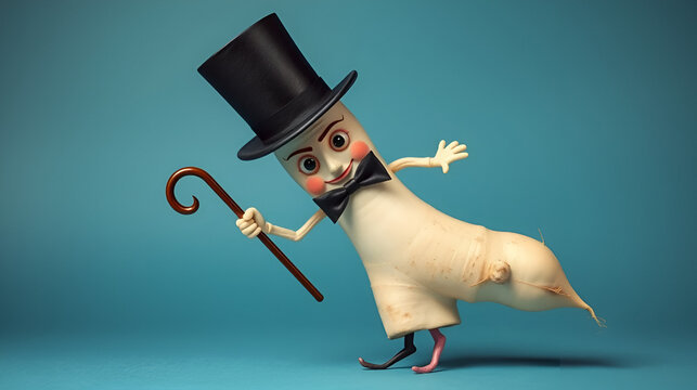 A parsnip with a top hat and cane, dancing like a vaudeville performer