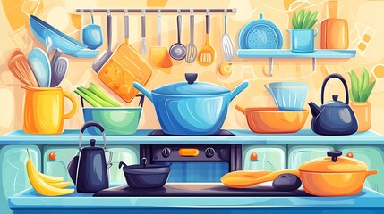 Vibrant Kitchen Utensil Illustration: A Colorful Hand-Drawn Scene AI Generated