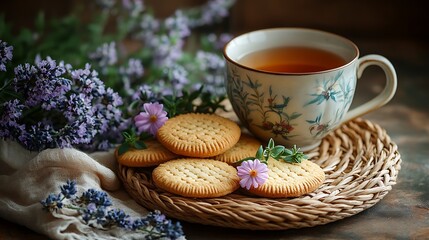A homely arrangement of tea and cookies on a rustic woven platter with a soft brown backdrop