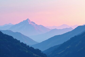 Serene Pastel Hues of a Mountain Range at Dawn A Breathtaking View of Nature's Tranquil Beauty