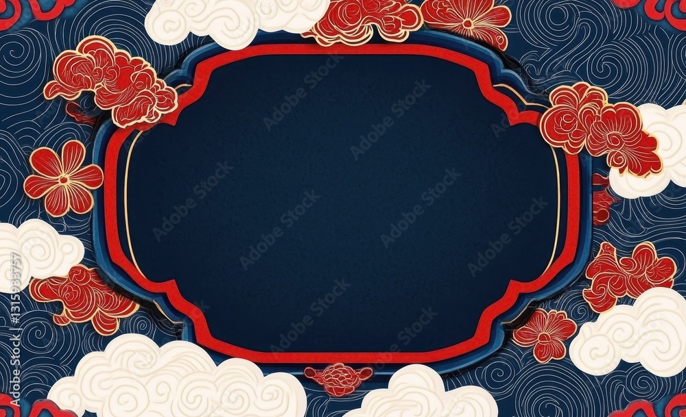 Poster dark blue and red floral frame with clouds design background