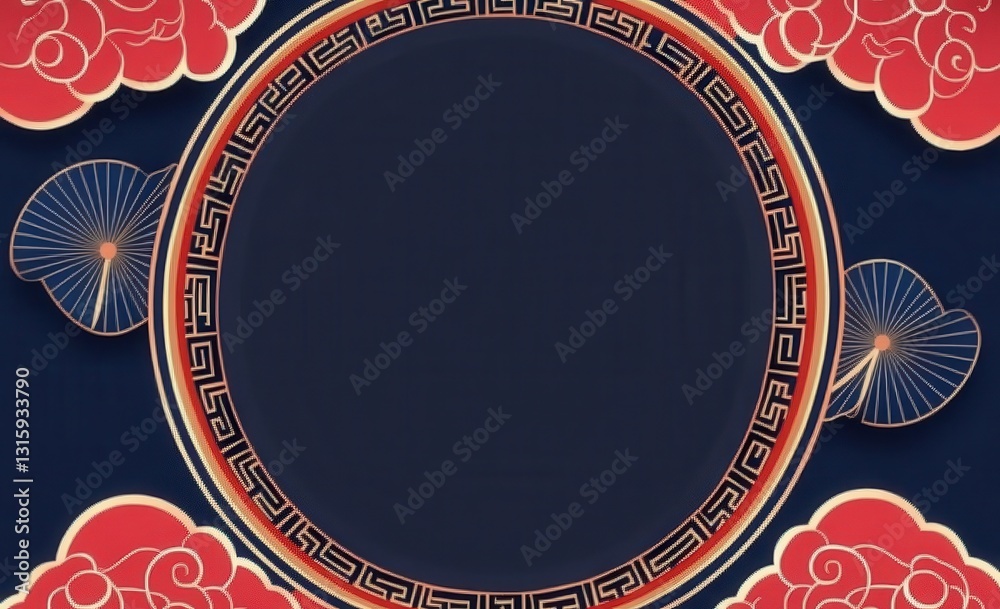 Poster Dark Blue Background with Red and Gold Circular Frame and Cloud Pattern