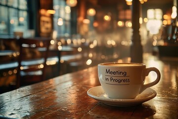 Coffee Cup Announcing Meeting in Progress