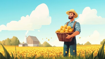 Fototapeta premium Happy farmer holding a basket of potatoes in a field. Illustrates fresh, locally-grown produce and successful harvest.