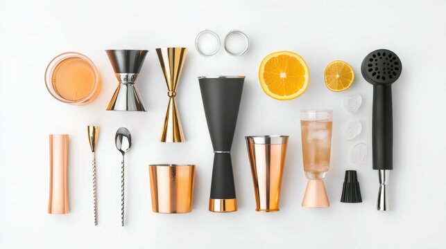 Flat lay of a sophisticated cocktail mixing set with recipe guides, neatly arranged on a white surface, emphasizing professional bartending white background