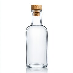 Transparent glass bottle of water captured in a studio setting on a bright white surface for refreshing beverage display