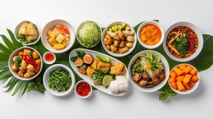 Flat lay of a Vietnamese family-style feast with multiple traditional dishes, neatly arranged on a white surface, emphasizing rich flavors and variety white background