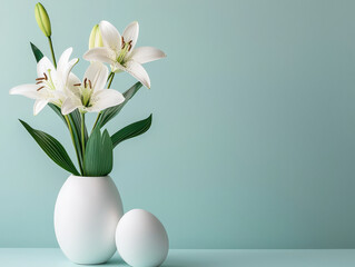 A minimalist arrangement featuring white lilies in a sleek vase, complemented by a decorative egg against a soft mint-green backdrop.