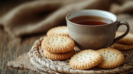 A rustic woven platter holding a cup of tea and fresh cookies on a soft brown background