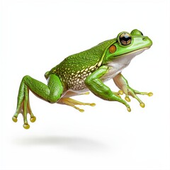 Obraz premium Green frog jumping energetically with dynamic motion captured against a bright white background showcasing its features