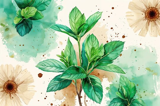 Vibrant Watercolor Vector Art Featuring Fresh Mint and Cream with Rustic Halftone Accents