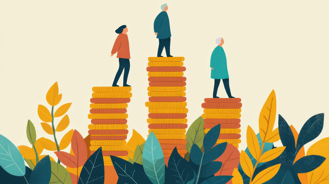 Two people standing proudly on top of a high stack of coins representing strong financial planning and strategies
