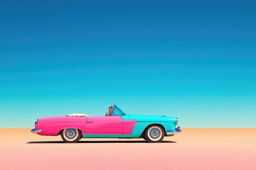 Vibrant Vintage Car in a Minimalistic Desert Landscape Under Clear Blue Sky