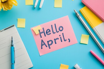 Hello april, Colorful workspace with sticky notes, bright pink paper saying hello April, pens and a planner, perfect for planning and organizing.