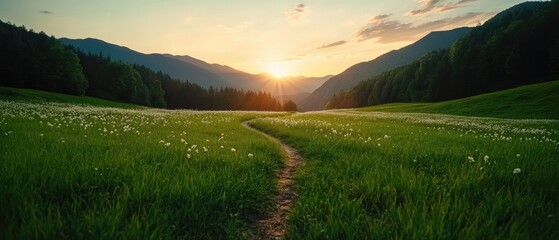 Scenic Sunset Over Serene Mountain Valley with Lush Green Meadows and Pathway