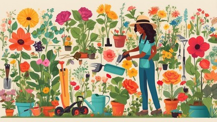 A collage of illustrated covers and graphics related to gardening,