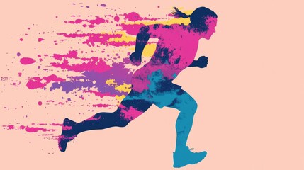 Vibrant Silhouette of Running Woman in Colorful Abstract Art Style