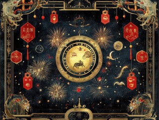 Dark Night Festive Background with Red Lanterns and Golden Fireworks