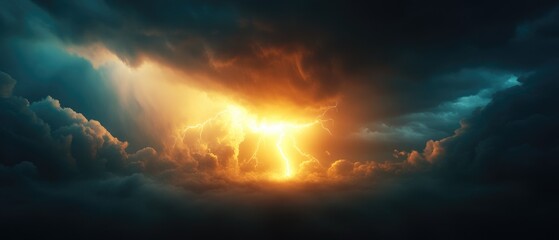 Fototapeta premium Dramatic Lightning Storm Illuminating Dark Sky with Thunderous Clouds at Sunset