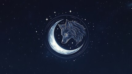 Fototapeta premium Wolf's head in crescent moon, starry night.