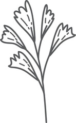 Gray stylized plant sprig, white background, design element