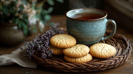 A cozy and inviting display of tea and cookies presented on a handcrafted woven platter against a brown backdrop