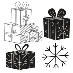  Bright Black holiday packaging boxes black snowflake Silhouette Line art vector