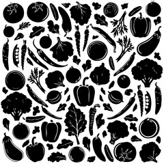 This image features a seamless pattern of various vegetables and leafy greens in a black-and-white silhouette style. The composition includes recognizable shapes such as tomatoes, carrots, bell pepper