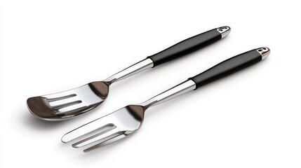 High-quality isolated image of a stainless steel kitchen tong and spatula set, placed on a pure white background, perfect for BBQ and grilling branding
