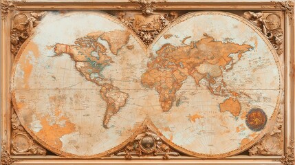 Fototapeta premium Antique World Map Canvas Art, a beautifully crafted piece showcasing sepia tones, detailed vintage cartography, perfect for adding a touch of history to any space.