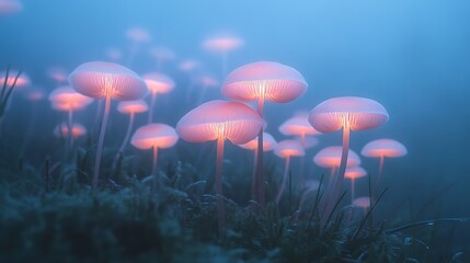 Fototapeta premium Glowing mushrooms in a misty forest at night.
