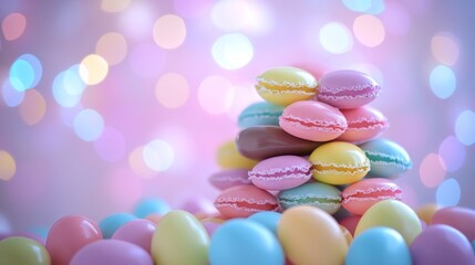 Obraz premium A dynamic mix of bright balls scattered on a surface, producing a cheerful and playful mood with soft bokeh lighting behind