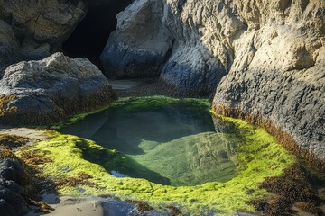 A tide pool surrounded by moss-covered rocks, looking like a secret paradise.