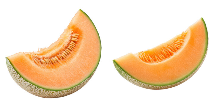 Slices of cantaloupe melon with seeds on transparency background