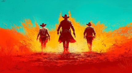 Western Legends Canvas, a striking tribute to classic cinema featuring bold cowboy silhouettes against a vibrant backdrop, enhanced by dynamic typography for an iconic feel.