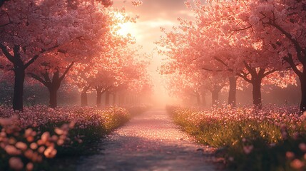 Serene Cherry Blossom Pathway with Gentle Sunlight Glowing Through Pink Petals in Tranquil Garden Setting