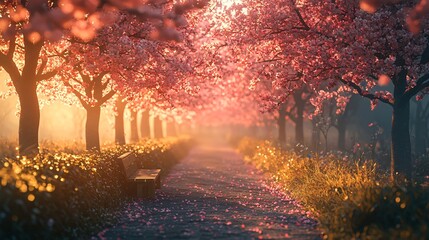 Fototapeta premium Serene Cherry Blossom Pathway at Sunrise with Soft Warm Light and Gentle Pink Petals Floating