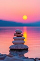 Tranquil Sunset Over Stacked Stones by a Serene Lake