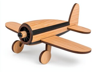 Unassembled wooden toy airplane kit displayed isolated on a bright white background for creative play and crafts