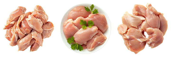Raw chicken pieces on transparency background with parsley garnish