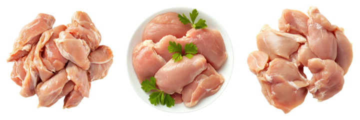 Raw chicken pieces on transparency background with parsley garnish