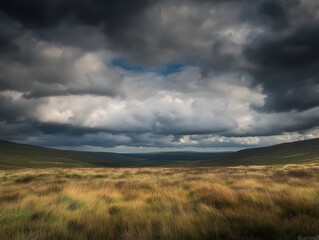 Dramatic Landscape with Dark Clouds Over Rolling Hills and Golden Grassland