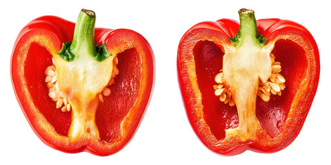 Red bell pepper slices with seeds on transparency background