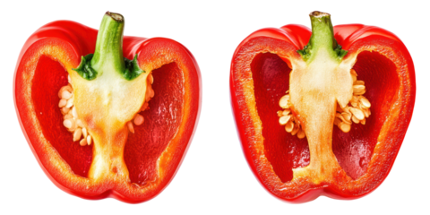 Red bell pepper slices with seeds on transparency background