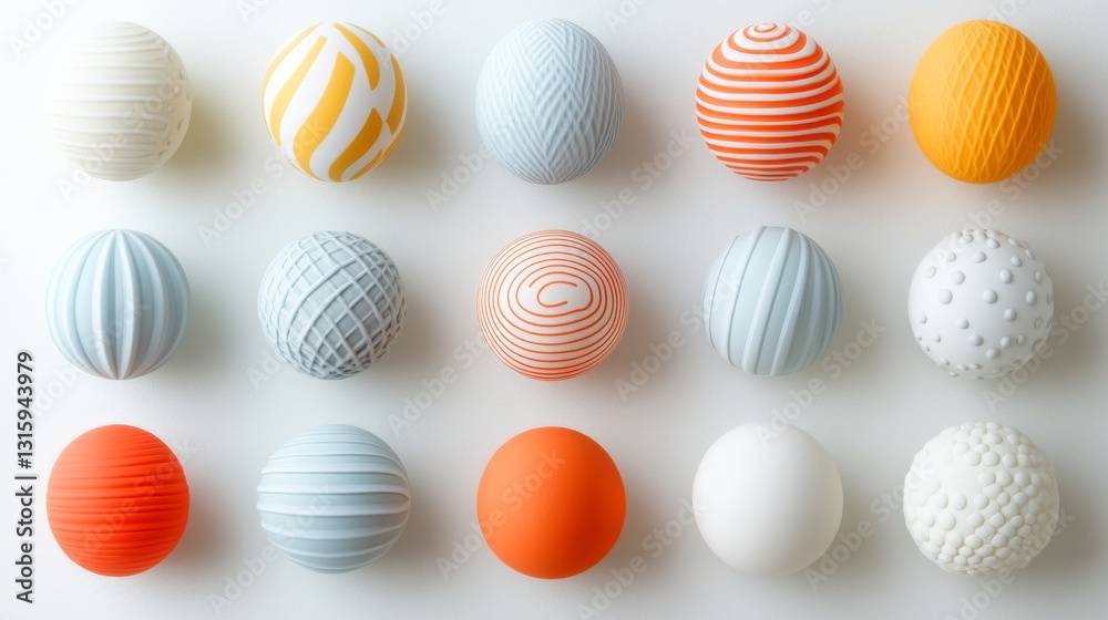 Poster an array of tiny, round balls in assorted pastel colors arranged on a white backdrop, casting subtle